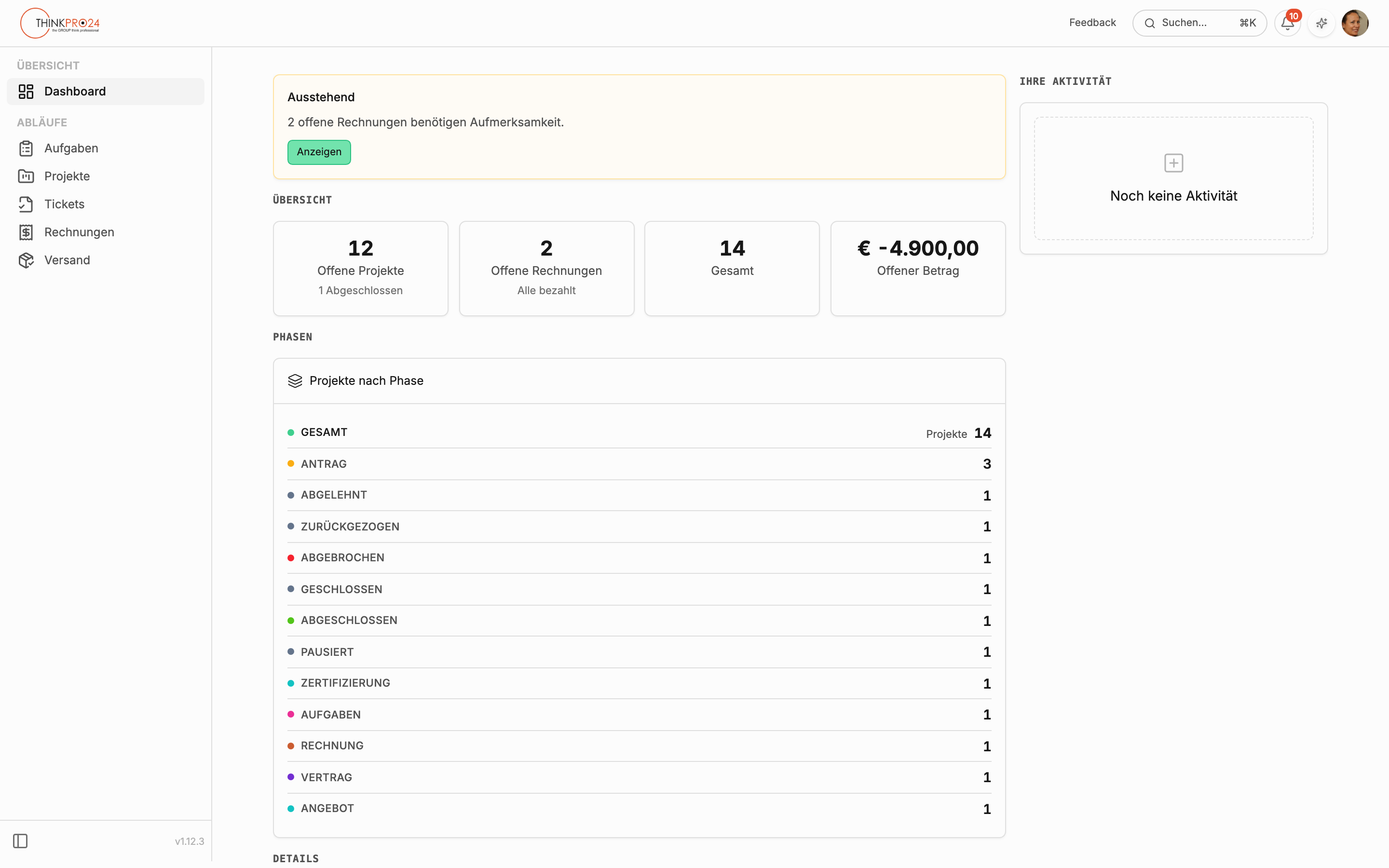 Kunden-Dashboard mit dem Warnhinweis „Ausstehend“, den vier Kacheln „Offene Projekte“, „Offene Rechnungen“, „Gesamt“ und „Offener Betrag“, der Übersicht „Projekte nach Phase“ sowie der Leiste „Ihre Aktivität“ rechts.