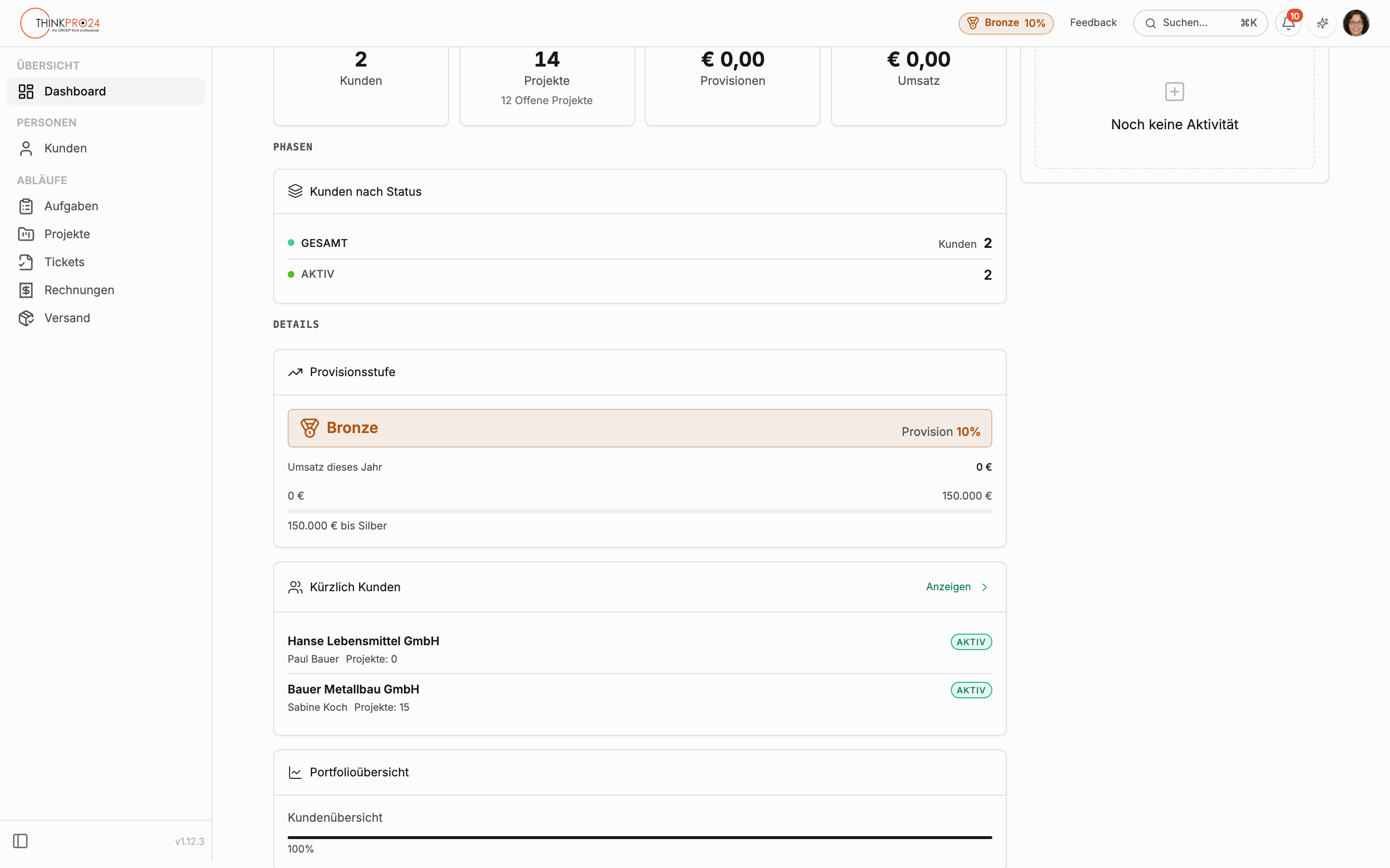 Partner-Dashboard mit dem Bronze-Chip in der Kopfzeile und der Karte Provisionsstufe samt Fortschrittsbalken bis Silber