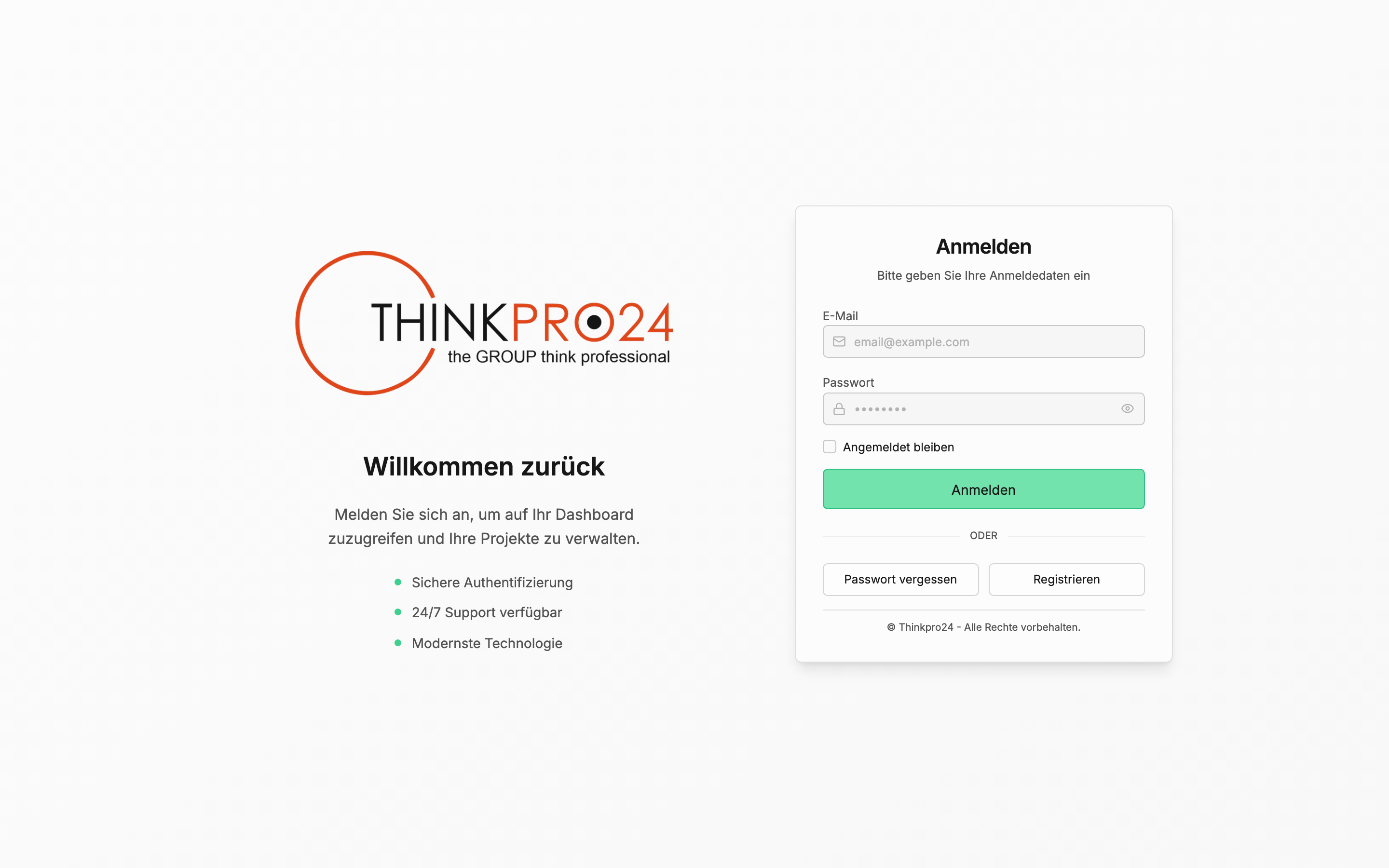 Anmeldemaske der ThinkPro24-Hauptplattform mit den Feldern E-Mail und Passwort, Checkbox „Angemeldet bleiben“ und Button „Anmelden“